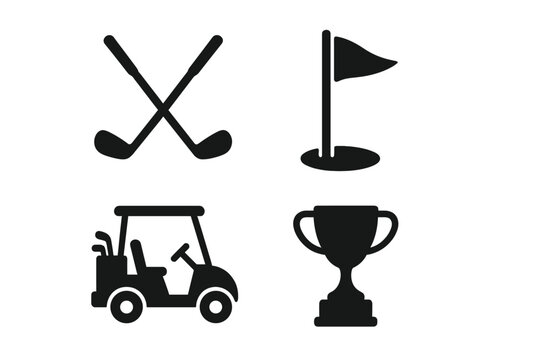 Golf equipment icon set for sport competition. Vector silhouette collection with golf clubs, flag in hole, cart and trophy cup. Symbol for tournament, championship or game. - Powered by Adobe