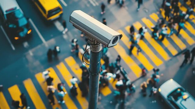 High Angle View of Busy Urban Intersection with Surveillance Camera Overhead and Crosswalks Filled with Pedestrians