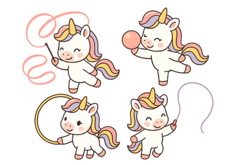 Obraz premium Set of cute baby unicorns in rhythmic gymnastics. Collection of kawaii pony characters doing sports with ribbon, ball, hoop, jump rope. Flat cartoon vector illustration isolated.