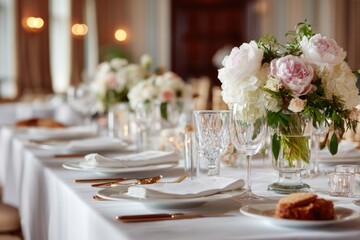 Fototapeta premium A beautifully arranged reception table features neatly placed name cards and elegant floral centerpieces. The setting exudes sophistication and is ready for guests