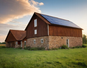 Fototapeta premium Rustic Farm Barn with Solar Panels on Roof – Sustainable Energy in Rural Countryside
