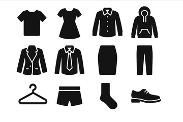 Clothing icon set simple black silhouette. Minimalist vector collection for wardrobe, fashion, and apparel. Business and casual wear garment pictograms for web and print.