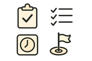 Minimalist task management icons set for productivity apps, checklist, clock time tracking, goal flag, vector cartoon style with transparent background, organized workflow symbols