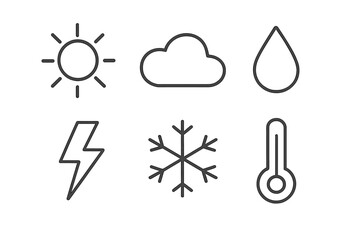 Minimalist weather icons set with sun, cloud, raindrop, lightning, snowflake, and thermometer, simple vector cartoon style, transparent background, clean design for seasonal weather concepts