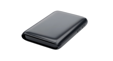 Sleek, modern dark gray electronic device with rounded edges and subtle buttons, isolated on a black background. Minimalist tech product.