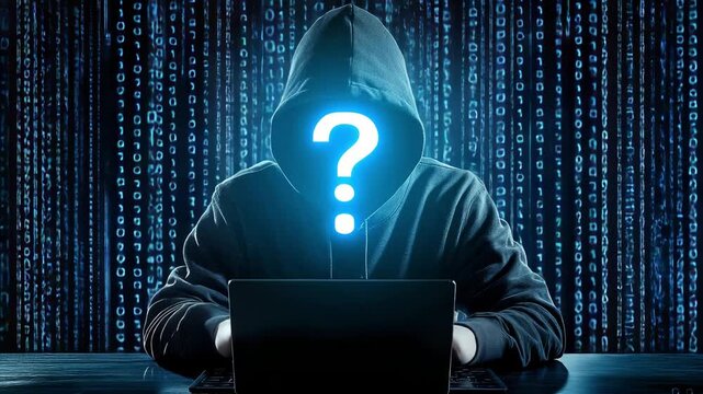 Mysterious Figure in Hooded Jacket Using Laptop with Glowing Question Mark Against Digital Binary Background