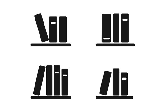 Bookshelf icon set. Minimalist book symbols for web app design. Vector library logo collection. Simple pictogram for education, knowledge, reading. Black flat illustration set.