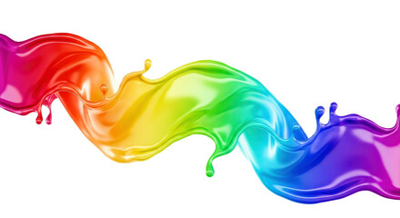 Vibrant, glossy rainbow liquid splash creating a dynamic, flowing wave against a stark black background. Abstract fluid art.