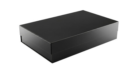 Sleek black rectangular gift box with a glossy finish, isolated on a dark background, perfect for luxury packaging or product presentation.