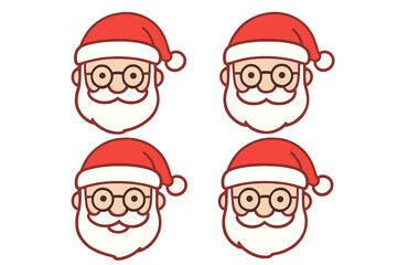 Santa Claus icon set in cartoon style with red hats and white beards, festive Christmas vector illustration collection, holiday character faces with glasses, transparent background