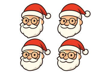 Santa Claus icon set in cartoon style, cheerful Santa faces with glasses and white beard, festive Christmas hat illustrations, holiday vector design collection with transparent background