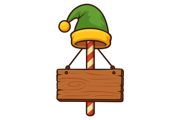 Christmas elf hat with hanging wooden signboard, festive holiday decoration vector illustration, cartoon style, colorful seasonal symbol for winter celebration and gift giving