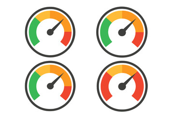 Colorful vector speedometer icons set with gradient zones, flat design speedo meter symbols, gauge web icons, cartoon-style performance indicators, transparent background
