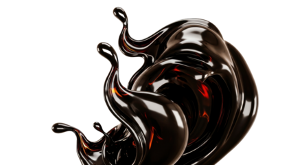 Dynamic abstract splash of dark, glossy liquid with vibrant reflections on a black background, creating a luxurious and mysterious visual.