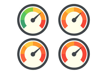 Set of colorful speedometer icons, flat design vector illustration with gradient red, orange, yellow, green indicators, speed gauge symbols, measuring speed concept, cartoon style