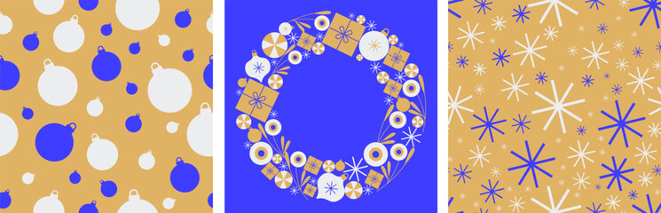 Cheerful christmas  and New Year ornaments seamless set poster, wreath, and snowflake motifs