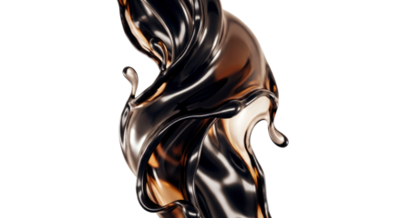 Mesmerizing abstract splash of dark, reflective metallic liquid with warm highlights against a deep black background. Modern luxury concept.
