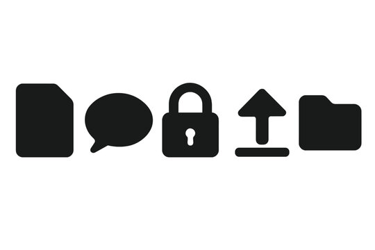 Silhouette icon set of file, chat bubble, lock, upload arrow, and folder, vector cartoon illustration, transparent background, black symbols, ordered set for digital use
