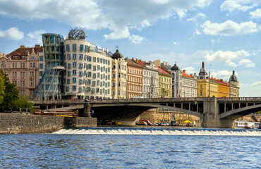 Prague, Czech Republic. Embankment of the Vltava river. Architecture of Prague City Center. Famous architectural landmarks of Prague.