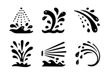 Spray water icon set, black splash symbols collection, vector water droplets and jets, isolated on white background, cartoon style, spray patterns, liquid splash graphics, transparent background
