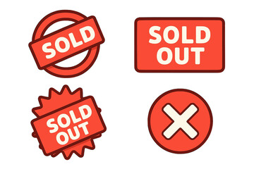 Set of red sold out badges and sale stickers, bold vector cartoon illustrations with transparent background, marketing labels, sales promotion, retail empty stock signs