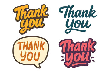 Thank you lettering set with playful cartoon style, colorful thank you text illustrations in various designs, expressive gratitude phrases, transparent background vector collection for versatile use