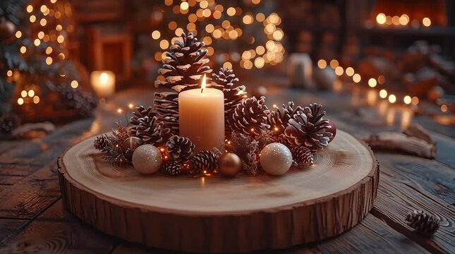 A candle is lit on a wooden table with pine cones and gold ornaments. The table is surrounded by lights