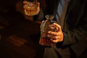Bartender Serve Whiskey, on wood bar, 