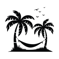 Tropical Palm Trees with Hammock and Birds – Relaxing Beach Vacation Silhouette Vector Illustration