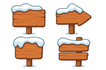 Wooden signboard set with snow, winter rustic wooden boards, cartoon style vector illustration with transparent background, directional and blank snowy wood signs collection