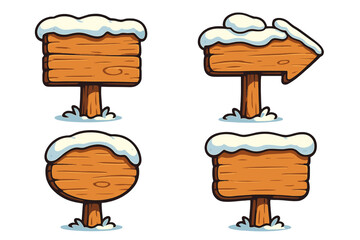 Wooden signboard symbol with snow on top, winter cartoon style, rustic wood texture, blank directional and oval signs, vector illustration set for seasonal designs