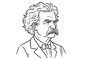 Mark Twain vector line art portrait. Samuel Langhorne Clemens, famous American author and humorist. 19th-century writer, literary figure head sketch illustration concept.