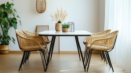 Modern dining room with wicker chairs
