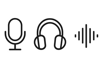 Minimalist audio icons set with microphone, headphones, and sound wave symbol. Vector line art for podcast, music, communication, voice recording, and media player interface.