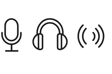 Audio icons set. Minimalist line art microphone, headphones, and sound wave symbols. For podcast, streaming, voice recording, music, radio, and communication concepts. Vector.