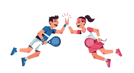 Two happy cartoon padel players, a man and a woman, jumping and giving a high-five in celebration after a match.