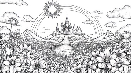 Fairytale castle meadow illustration