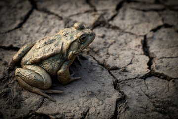 A frog sits quietly on cracked soil under the sun, highlighting the effects of drought and heat in its environment