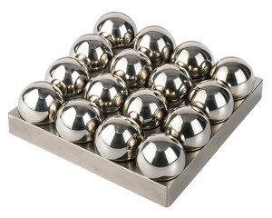Grid of Polished Metallic Spheres on a Metal Tray balls shiny isolated on a transparent background