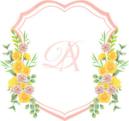 A beautiful hand drawn watercolor floral crest featuring delicate pink and yellow flowers and green leaves, framing a stylized letter A D on a white background.