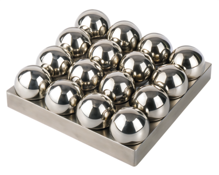 Grid of Polished Metallic Spheres on a Metal Tray balls shiny isolated on a transparent background