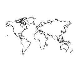 A colorful and inviting 2D flat vector illustration presents a playful cartoon world map, clearly outlined with bold lines against a plain white background, perfect for global themes.