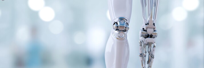 Close up of a highly advanced robotic leg with shiny metallic components. Future of bionics, prosthetics, artificial intelligence technology in healthcare.