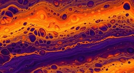 Dynamic and energetic abstract acrylic pour, clashing waves of incandescent orange, fiery gold, and deep galactic purple, creating fiery cells and explosive patterns, high contrast
