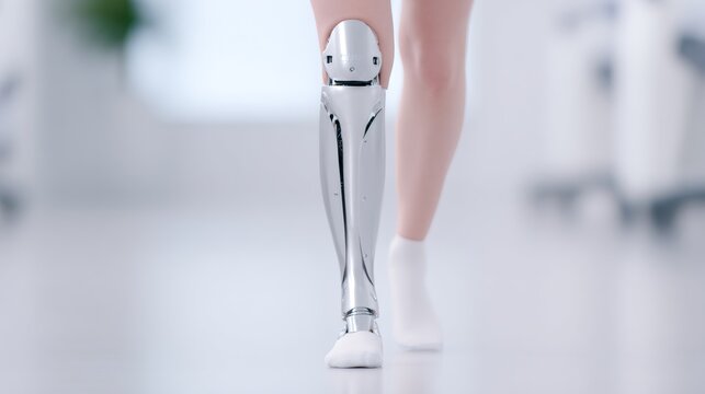Woman walking with a modern bionic prosthetic leg, symbolizing advanced bioengineering technology. Future of medicine and disability rehabilitation concept. - Powered by Adobe