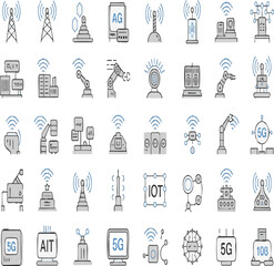 Set of 100 technology icons. Industry 4.0 concept factory of the future. Technology progress: 5g, ai, robot, iot, near field communication, programming and many more - stock vector on white background