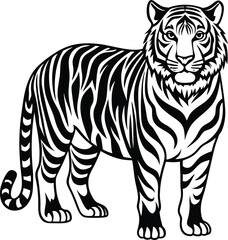 Black tiger illustration with detailed stripes, strong and wild appearance.