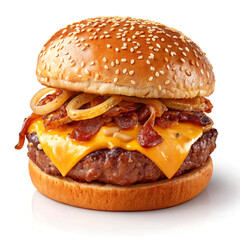 Juicy Cheeseburger with Bacon, Grilled Onions and Sesame Bun