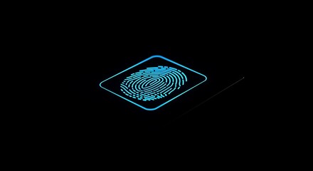 A stylized, glowing blue fingerprint outline is centrally displayed within a subtle square frame, all set against a pure black background