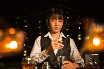 Bartender Serve Whiskey, on wood bar, 